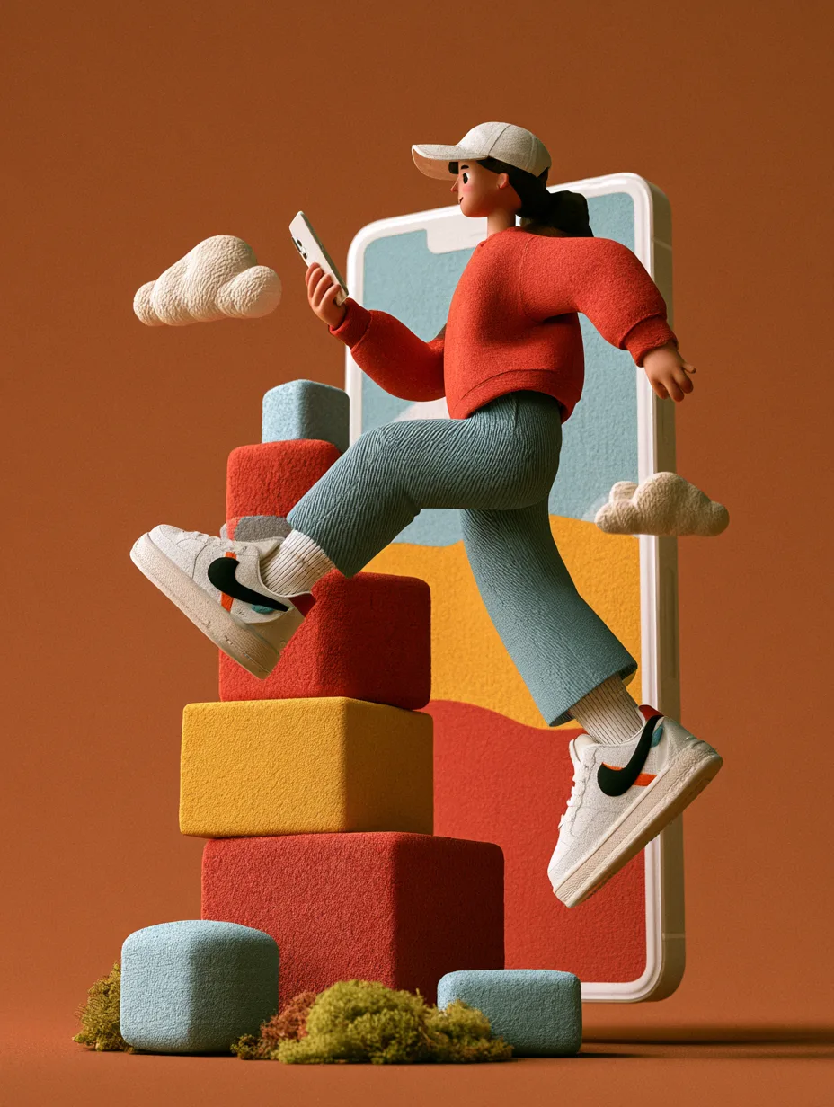 An illustration of a person stepping up a stack of blocks towards a mobile app screen